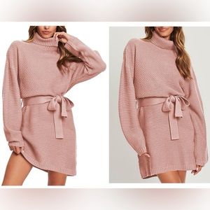 Pink Turtleneck Batwing Sweater Dress